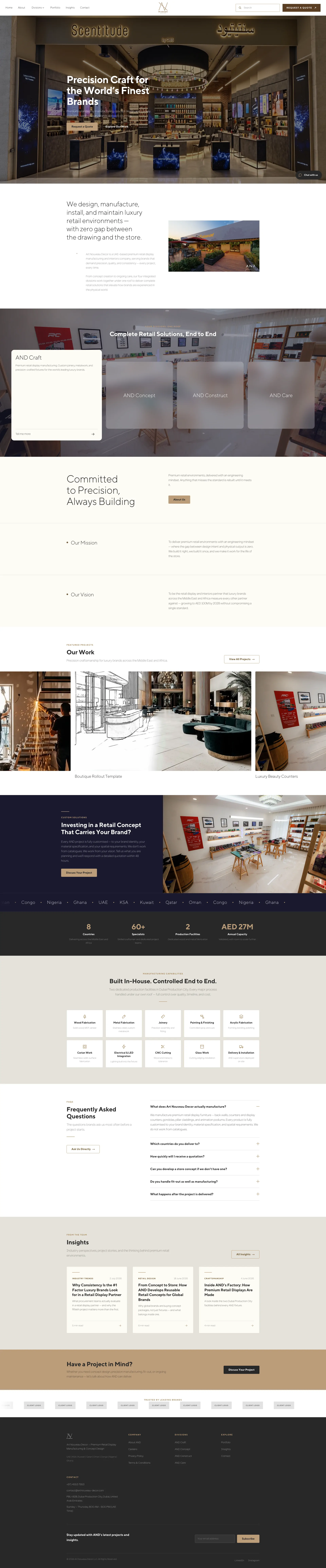 The full Art Nouveau Decor homepage, from the hero through the divisions and portfolio to the footer