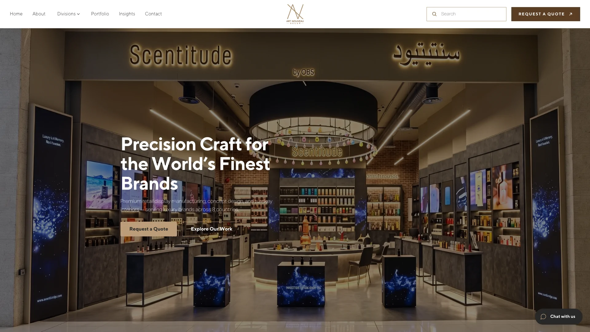 The Art Nouveau Decor homepage, with its headline over a completed fragrance boutique