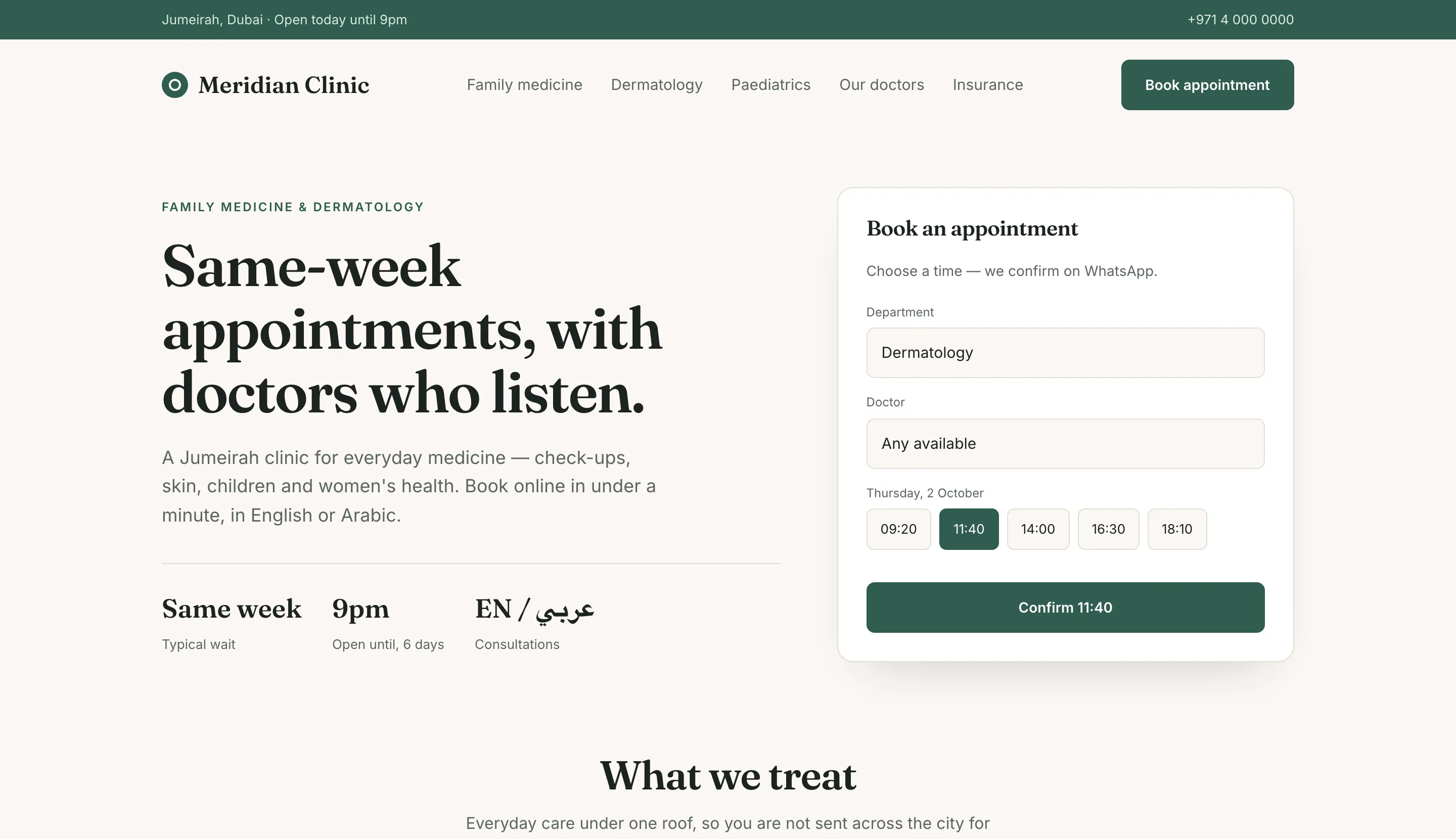 The Meridian Clinic concept homepage, with an appointment card beside the headline