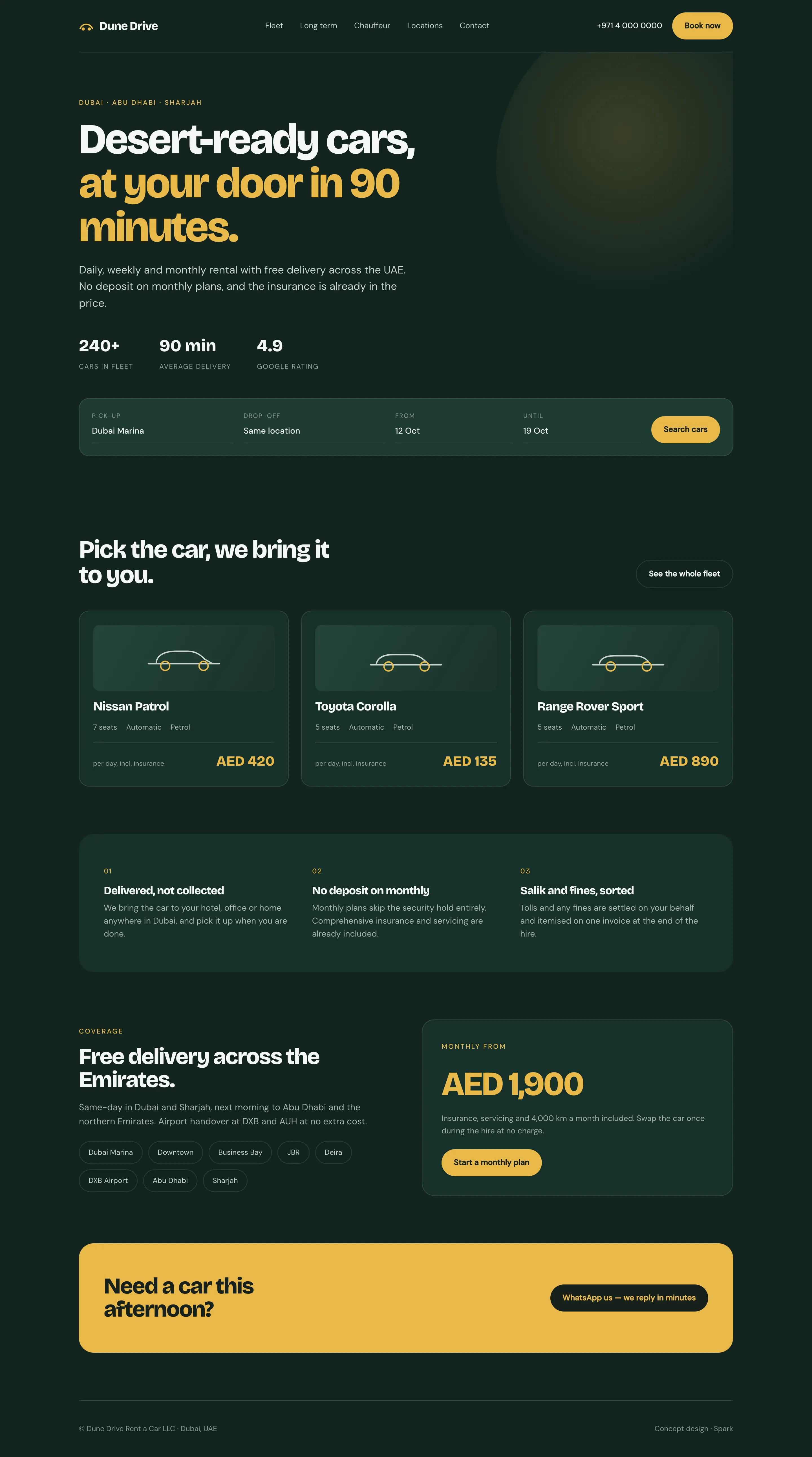 The full Dune Drive concept homepage, from the booking bar through the fleet to the footer