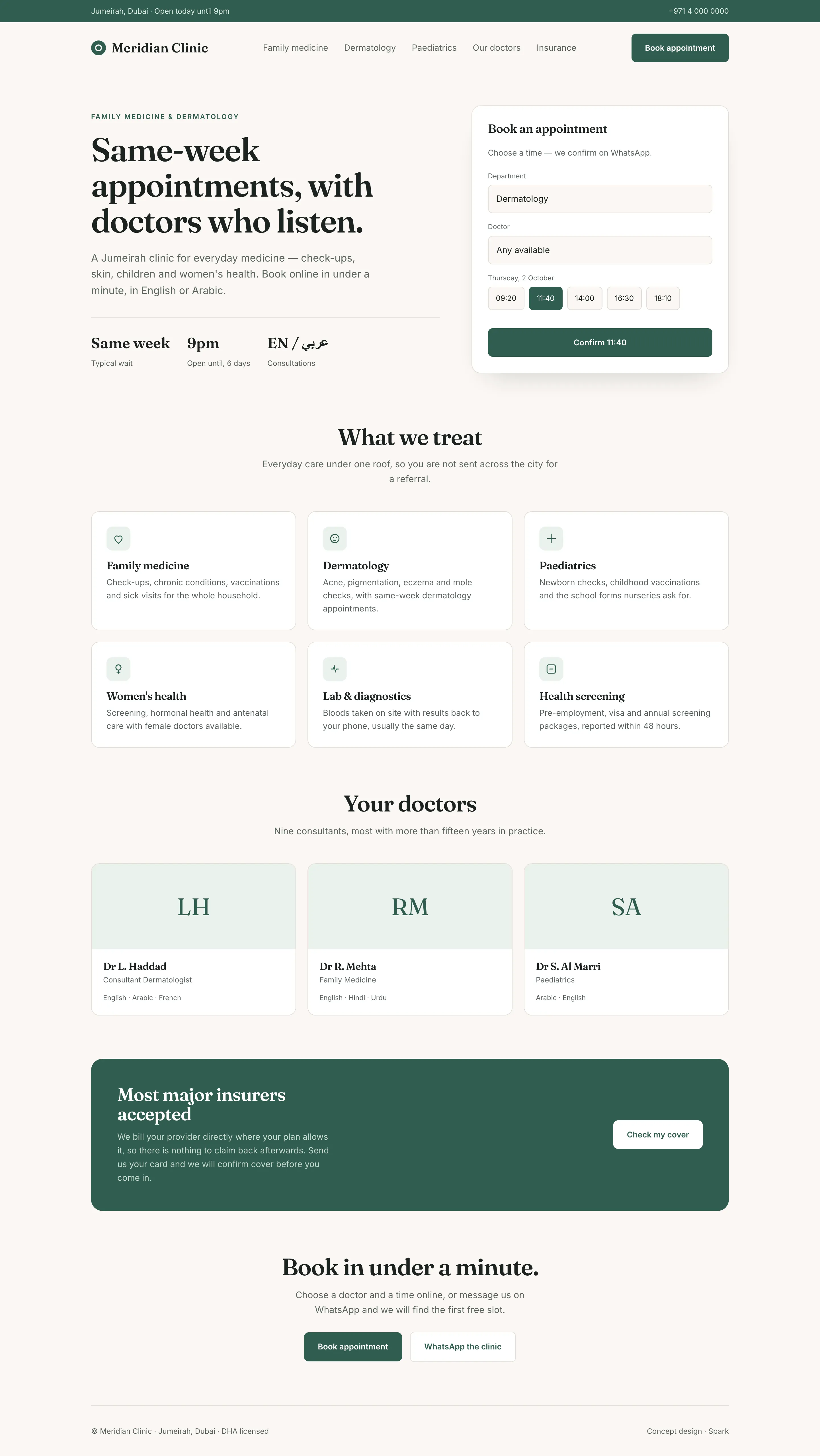 The full Meridian Clinic concept homepage, from the booking card through treatments and doctors to the footer